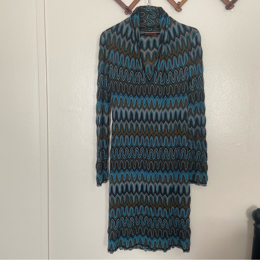 Missoni Wave-Pattern Long Sleeve Dress in Black and Teal